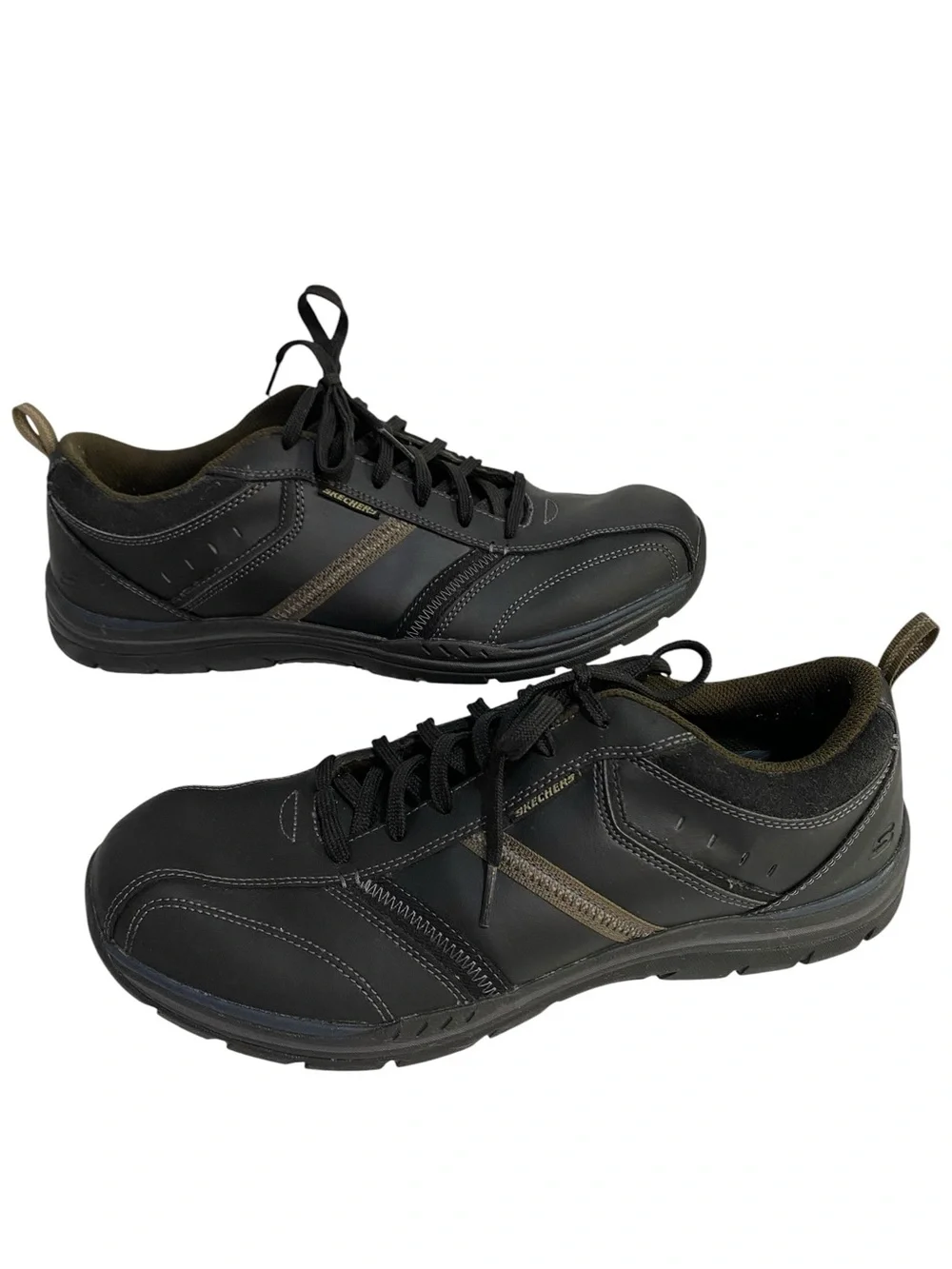 Skechers Men's Black Sneakers Leather Brown Accent Stripe Memory Foam Size 13